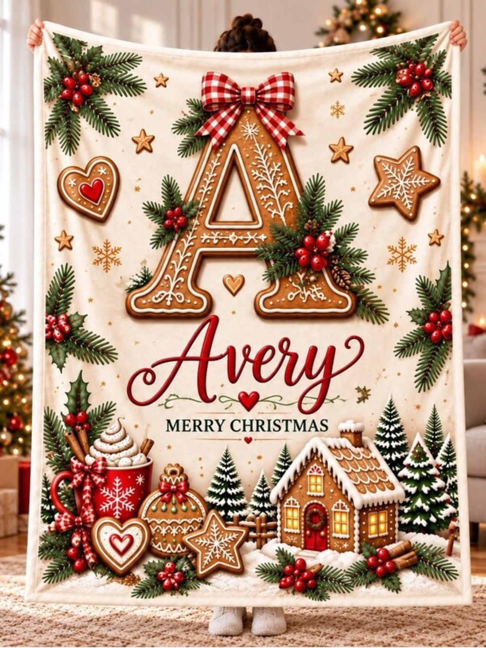 Personalized Avery Merry Christmas Holiday Throw Blanket - Cream & Red